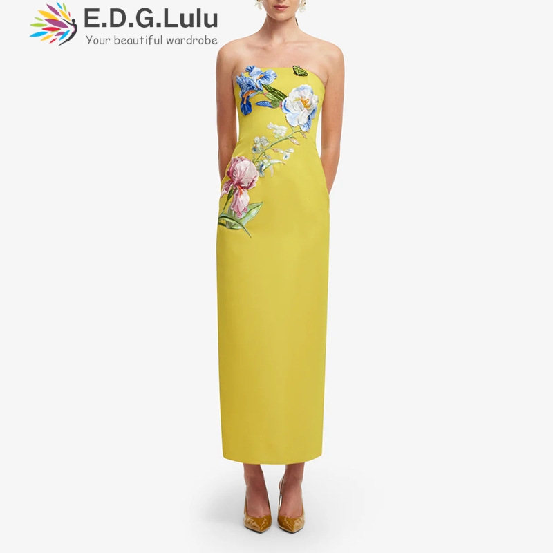 Embroidery Yellow Dress - EDGLuLu Vestido Largo de Fiesta Amarillo