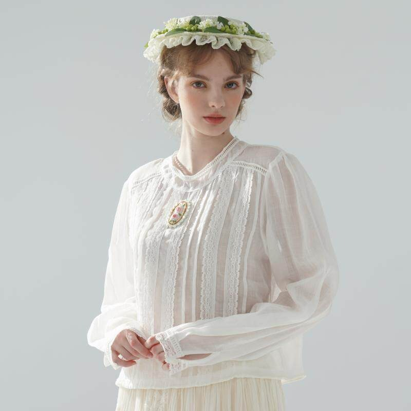 Embroidery Rose - Blusa Blanca Delgada de Ramio 100%