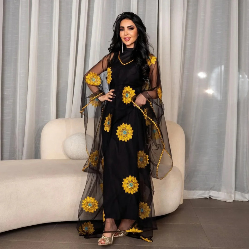 Embroidery Yellow Dress - Vestido largo de mujer con bordados