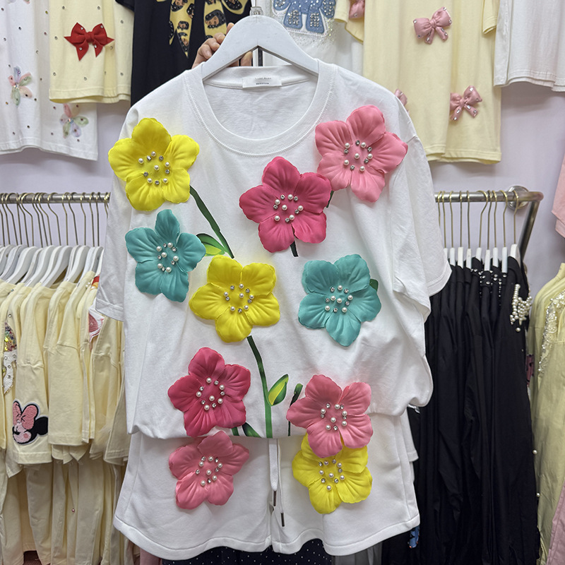 Embroidery Cotton Shirt - Camiseta de flores 3D coloridas de
