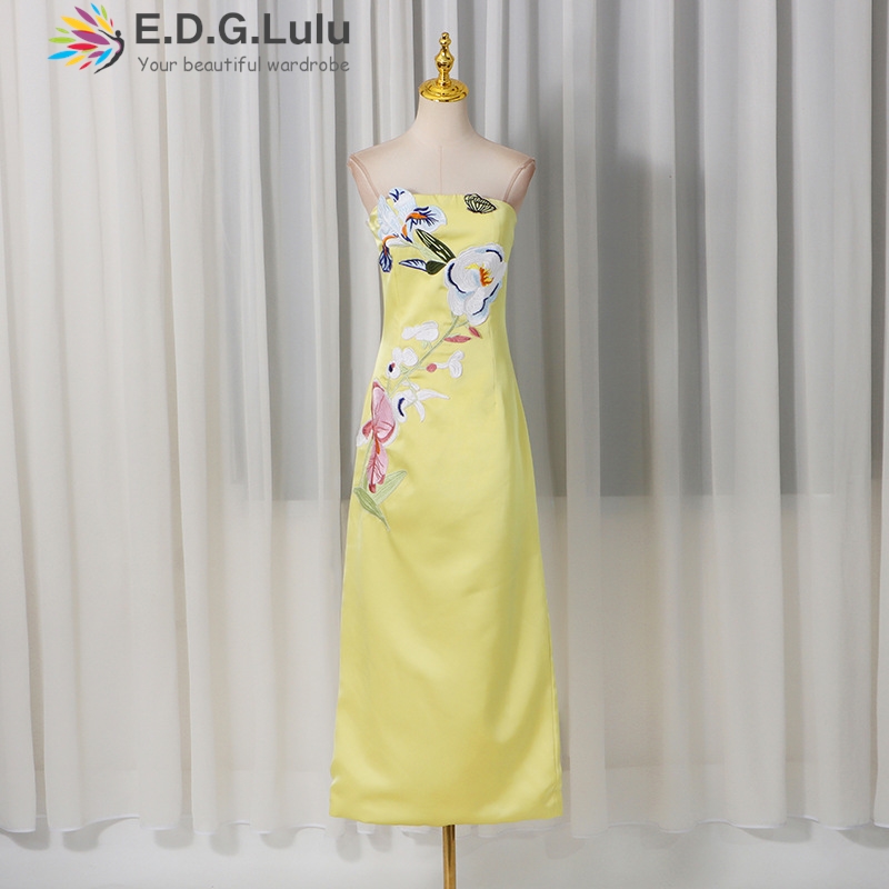 EDGLuLu Vestido Largo de Fiest - Embroidery Yellow Dress reseña y precio