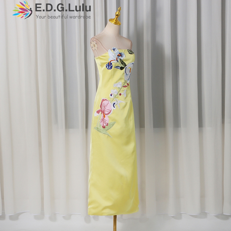 EDGLuLu Vestido Largo de Fiest - Embroidery Yellow Dress reseña y precio