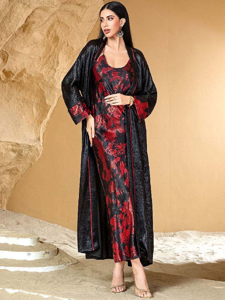 Negro rojo abierto Kimono Abay - Embroidery Kebaya reseña y precio