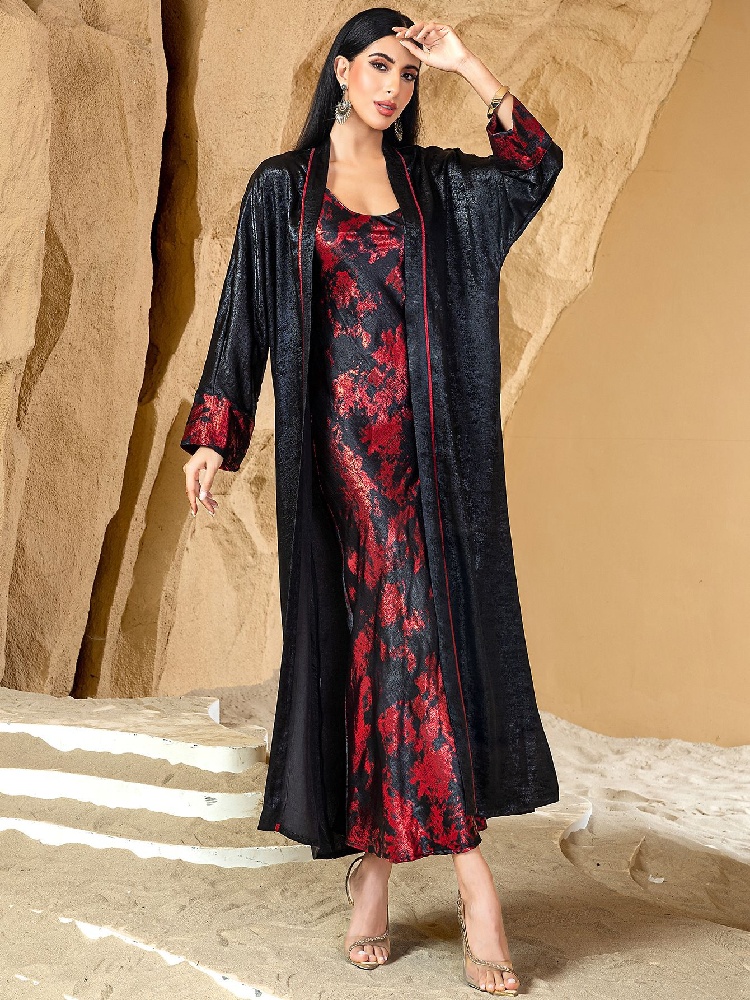 Negro rojo abierto Kimono Abay - Embroidery Kebaya reseña y precio